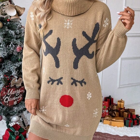 Multicolor Casual Women's Christmas Reindeer Print Lantern Sleeve Sweater Dress - Picture 5 of 7